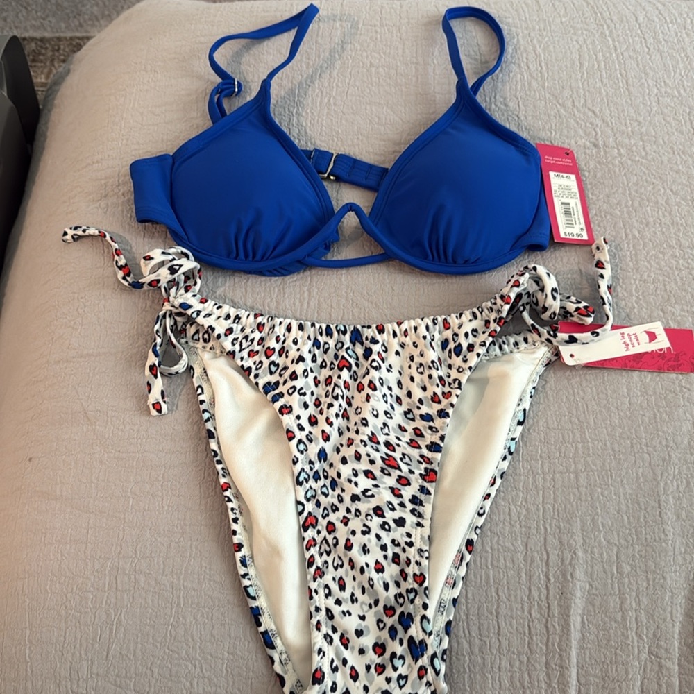 Royal blue bikini top and multicolored leopard bottom